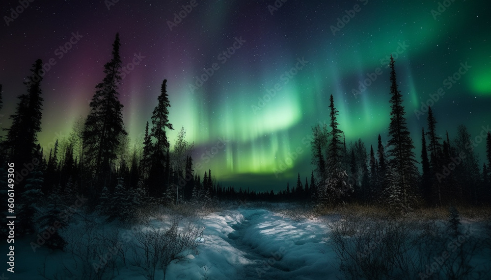 Glowing star trail illuminates majestic winter landscape generated by AI