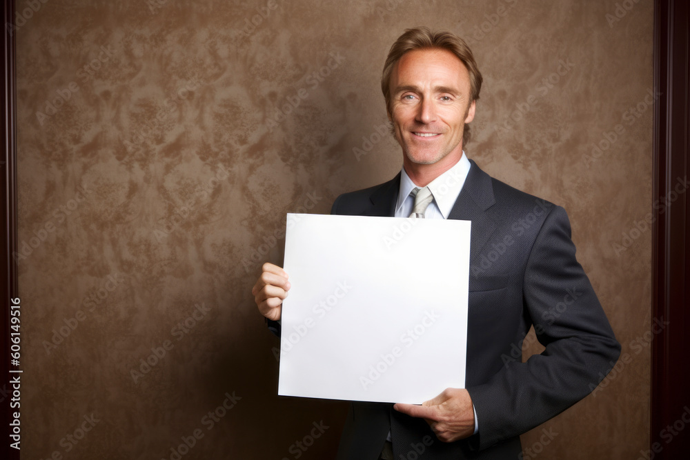 Portrait of a smiling businessman holding a blank sheet of paper. Portrait of a smiling businessman holding a blank sheet of paper.