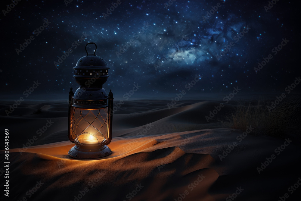 Ramadan Kareem Lantern in desert night sky background. Generative AI