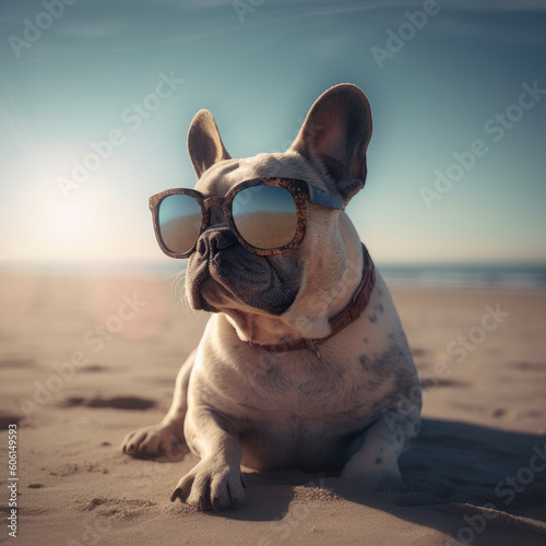 Cute French Buldog in Sunglasses on an ocean sand beach  background. Generative AI © doomu
