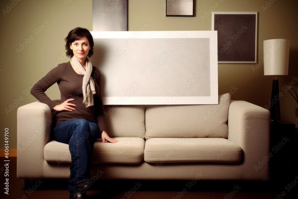 Young woman sitting on sofa in living room and looking at camera. Young woman sitting on sofa in living room and looking at camera.