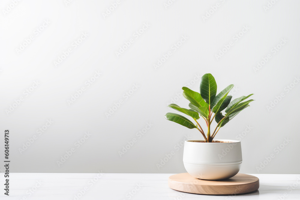 Houseplant in white pot on shelf against white wall with copy space. Generative AI.