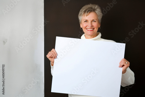Mature woman holding a blank sheet of paper in front of her