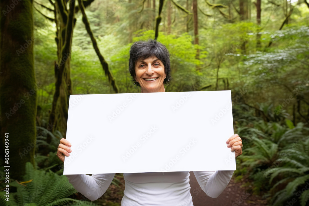 Portrait of smiling senior woman holding blank placard in the forest Portrait of smiling senior woman holding blank placard in the forest
