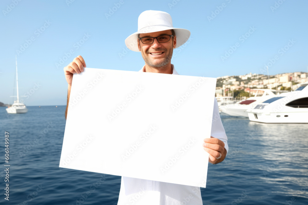 smiling man in white hat and sunglasses holding blank sheet of paper smiling man in white hat and sunglasses holding blank sheet of paper