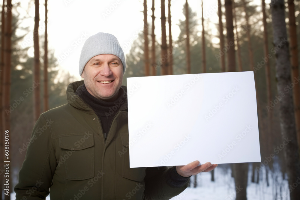 Man in winter forest holding white sheet of paper with copyspace Man in winter forest holding white sheet of paper with copyspace