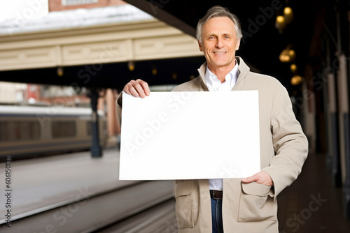 senior man with blank board at train station and looking at camera