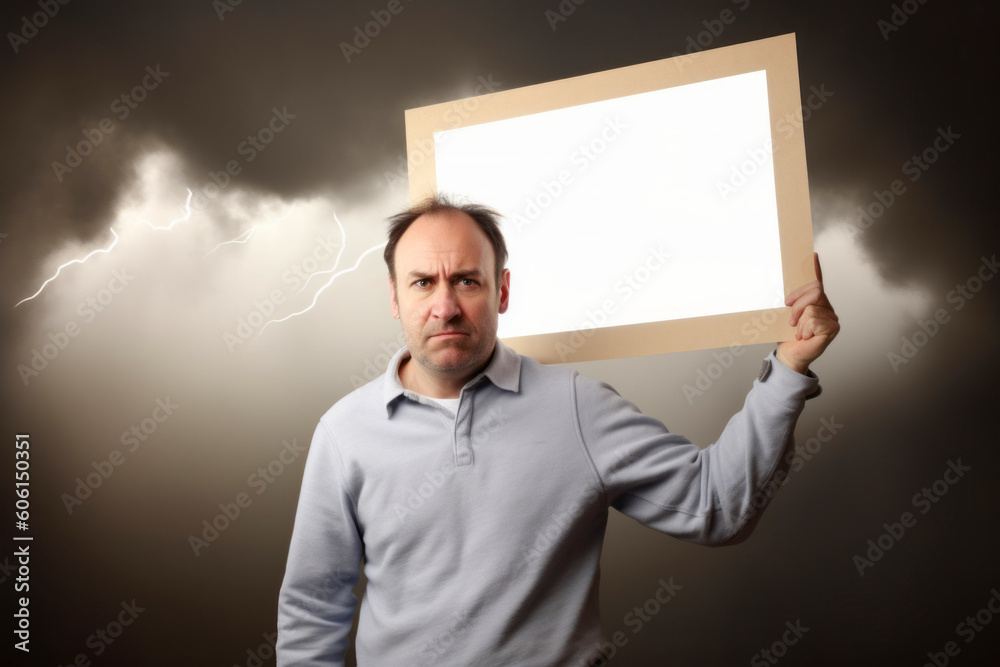 Man holding a white sheet of paper on a dark background with lightning Man holding a white sheet of paper on a dark background with lightning