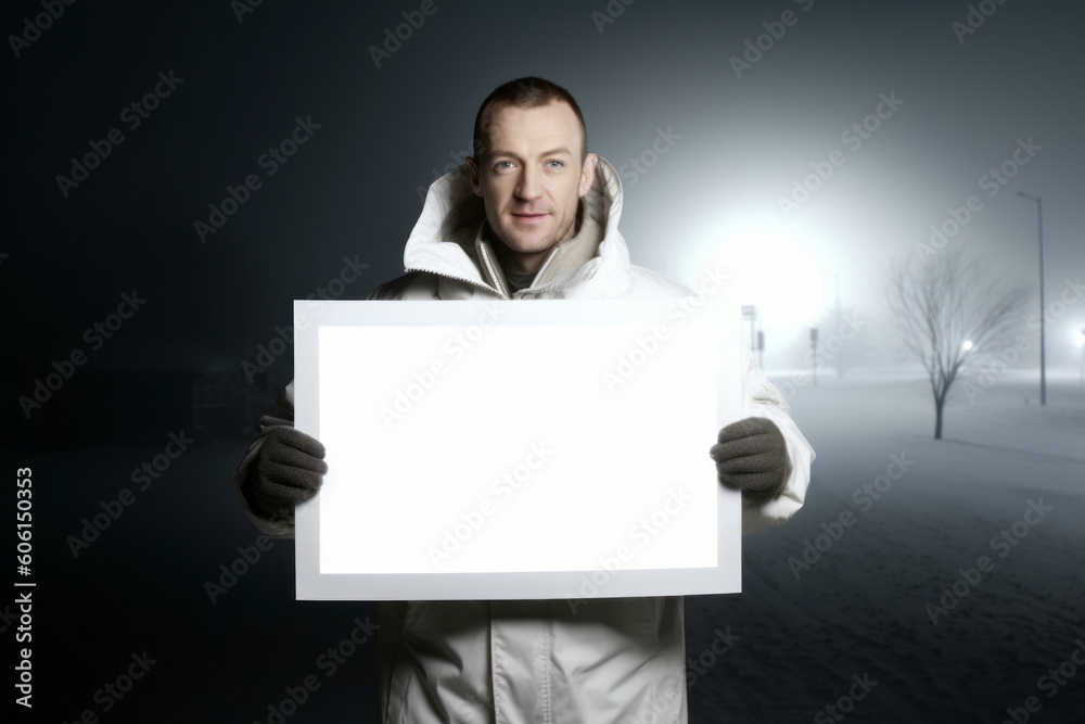 Young man in white hoodie holding white blank banner. Place for text Young man in white hoodie holding white blank banner. Place for text