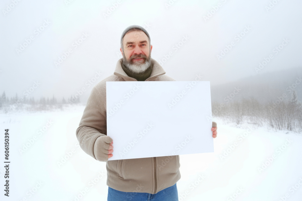 Medium shot portrait photography of a cheerful man in his 40s holding an empty white blank sign poster wearing knee-length shorts against a snowy landscape background Medium shot portrait photography of a cheerful man in his 40s holding an empty white blank sign poster wearing knee-length shorts against a snowy landscape background