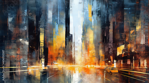 Abstract city street view - grungy painting - generative AI  AI generated
