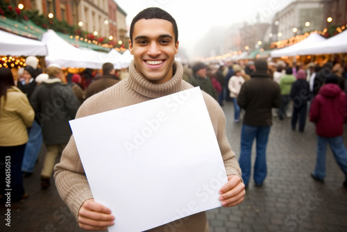 Portrait of smiling man holding blank sheet of paper at Christmas market