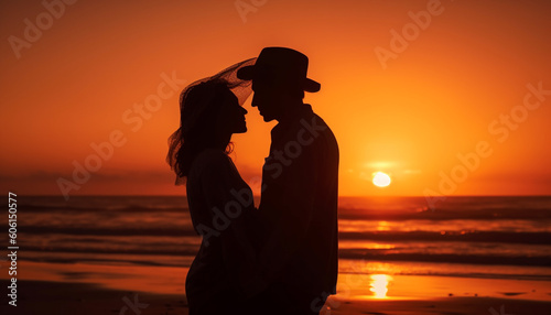Sunset romance two people embracing in nature generated by AI