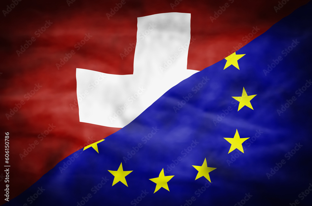 Switzerland and European Union mixed flag. Wavy flag of Switzerland and European Union fills the frame.