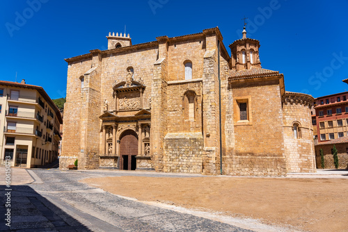 Plaza Mayor and old stone church in the tourist town of Daroca, Zaragoza.