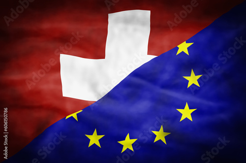 Switzerland and European Union mixed flag. Wavy flag of Switzerland and European Union fills the frame.