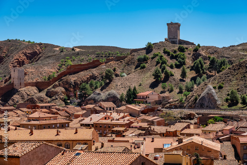 Panoramic view of the city of Daroca with its houses and its old wall surrounding the city, Zaragoza.