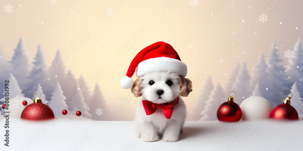 Happy Puppy Dog in Christmas Santa hat on winter background. Happy Puppy Dog in Christmas Santa hat on winter background.