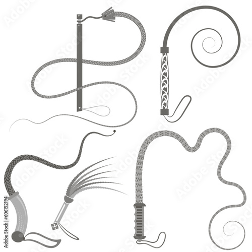 Vector grey leather whip icon set isolated on a white background.
