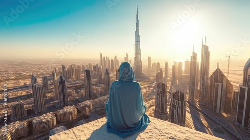 A Muslim Woman's View of Dubai's Cityscape, generative ai