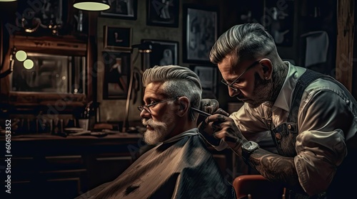 Young handsome barber making haircut for attractive bearded man at barbershop  generative ai