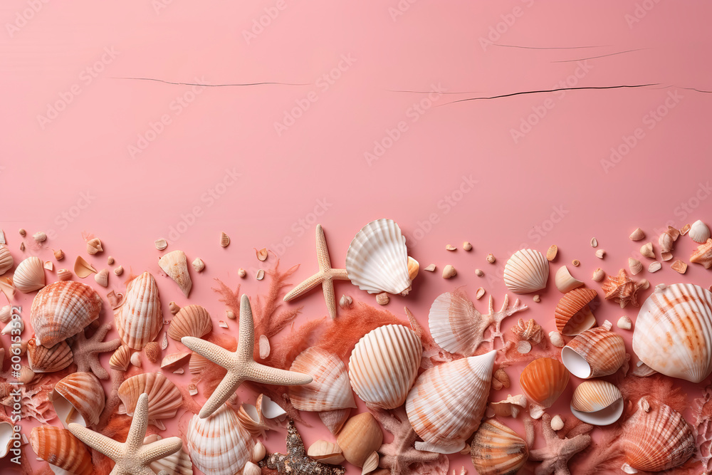 Obraz premium Beach Getaway Vibes: Pink Wooden Banner with Summer Holiday Essentials. Seashells, Starfish, Beach Sands, and Coral. Super Wide Top-View Shot, Perfect for Copy Space. AI Generated.