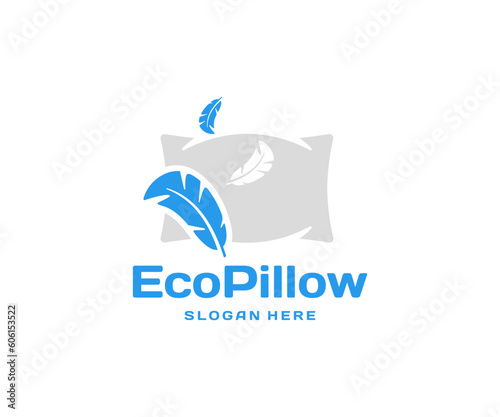 Filler of a soft pillow from bird feathers logo design. Hygiene pillow with feathers inside graphic design. Concept of comfortable and healthy sleep