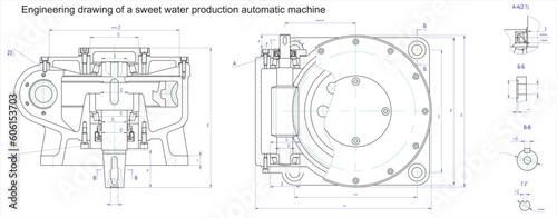 Vector engineering drawing of a sweet water production automatic machine. Cad scheme. Mechanical background.