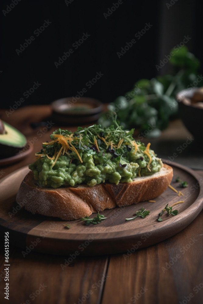 Toast with avocado guacamole and fresh herbs. Healthy brunch idea. Generative AI