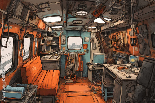 Post apocalypse camper interior. Generative AI