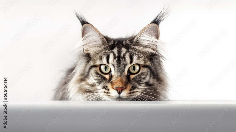 portrait of a peeking cat head. Maine coon cat peeking out. Copy Space. Generative AI