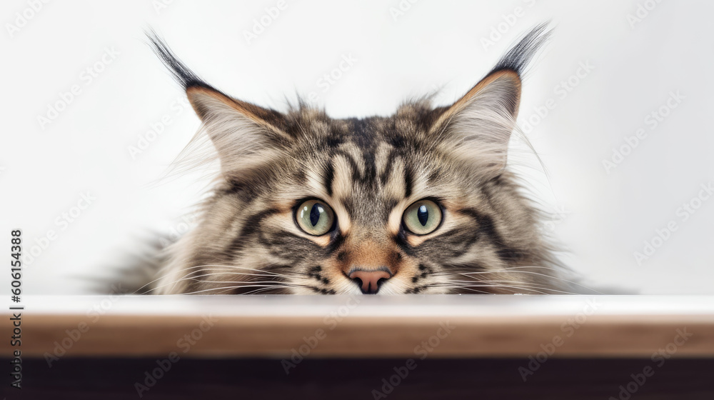 portrait of a peeking cat head. Maine coon cat peeking out. Copy Space. Generative AI