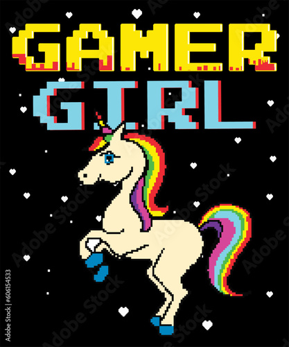 Gamer Girl With Retro Pixel Unicorn And Rainbow Tail