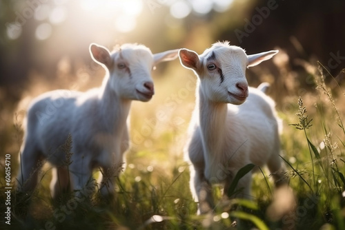 Happy baby goats roaming free on farm meadow. Farm animal welfare and care. Generative Ai