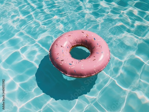 Pink donut shaped inflatable circle floats in the pool. Top view.