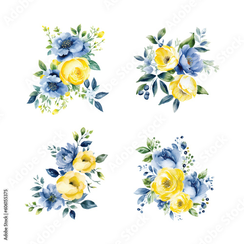 Watercolor yellow and blue flowers, vintage vector
