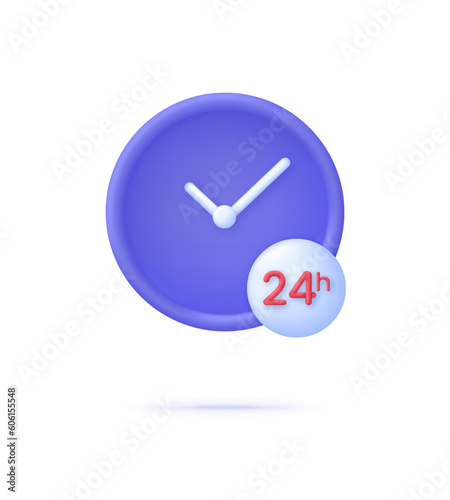 3D Clock icon. 24 hours. Passage of time. Time-keeping and measurement of time. Time period concept.