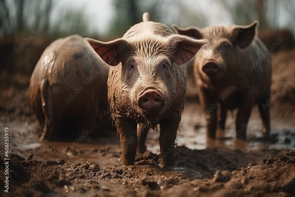 Happy pigs roaming free on farm meadow and mud. Farm animal welfare and care. Generative Ai Happy pigs roaming free on farm meadow and mud. Farm animal welfare and care. Generative Ai