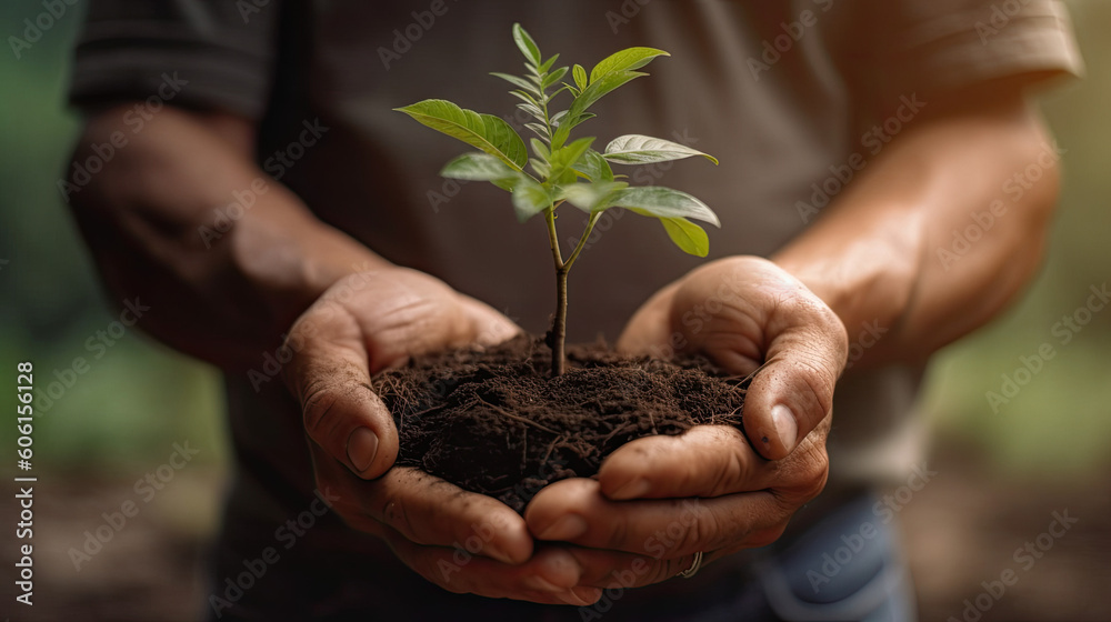 Fototapeta premium young tree plant in hands, ecology biome green earth - by generative ai