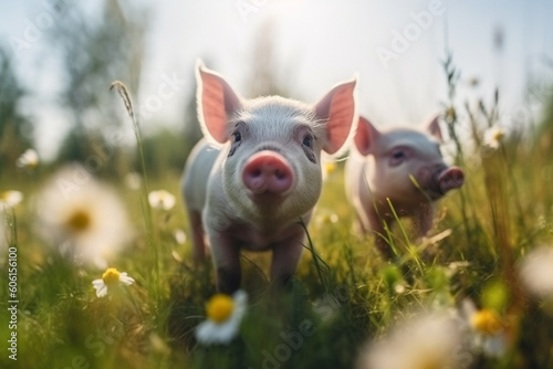 Happy pigs roaming free on farm meadow. Farm animal welfare and care. Generative Ai