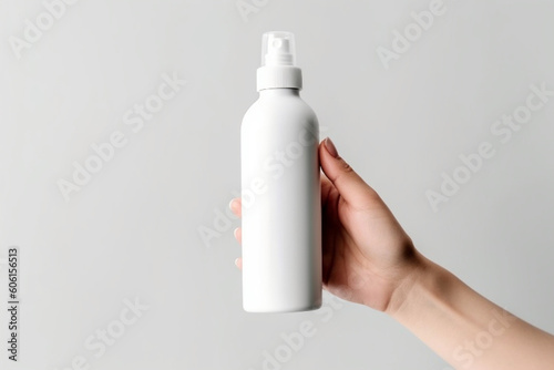 Close up photo of female womna hand holding showing advertising spray bottle isolated white color background with copy space Generative AI