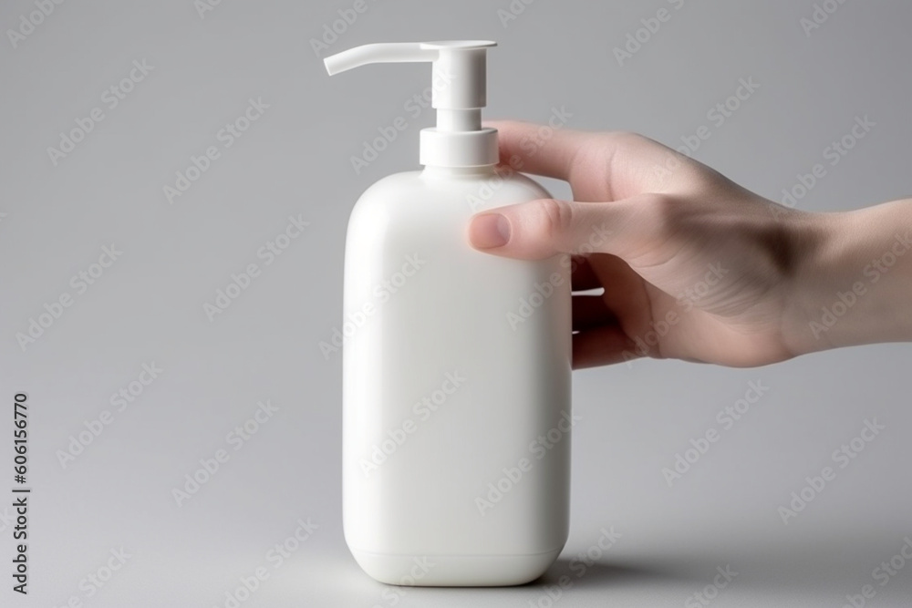 Woman holding liquid soap dispenser on white background, closeup Generative AI - obrazy, fototapety, plakaty 