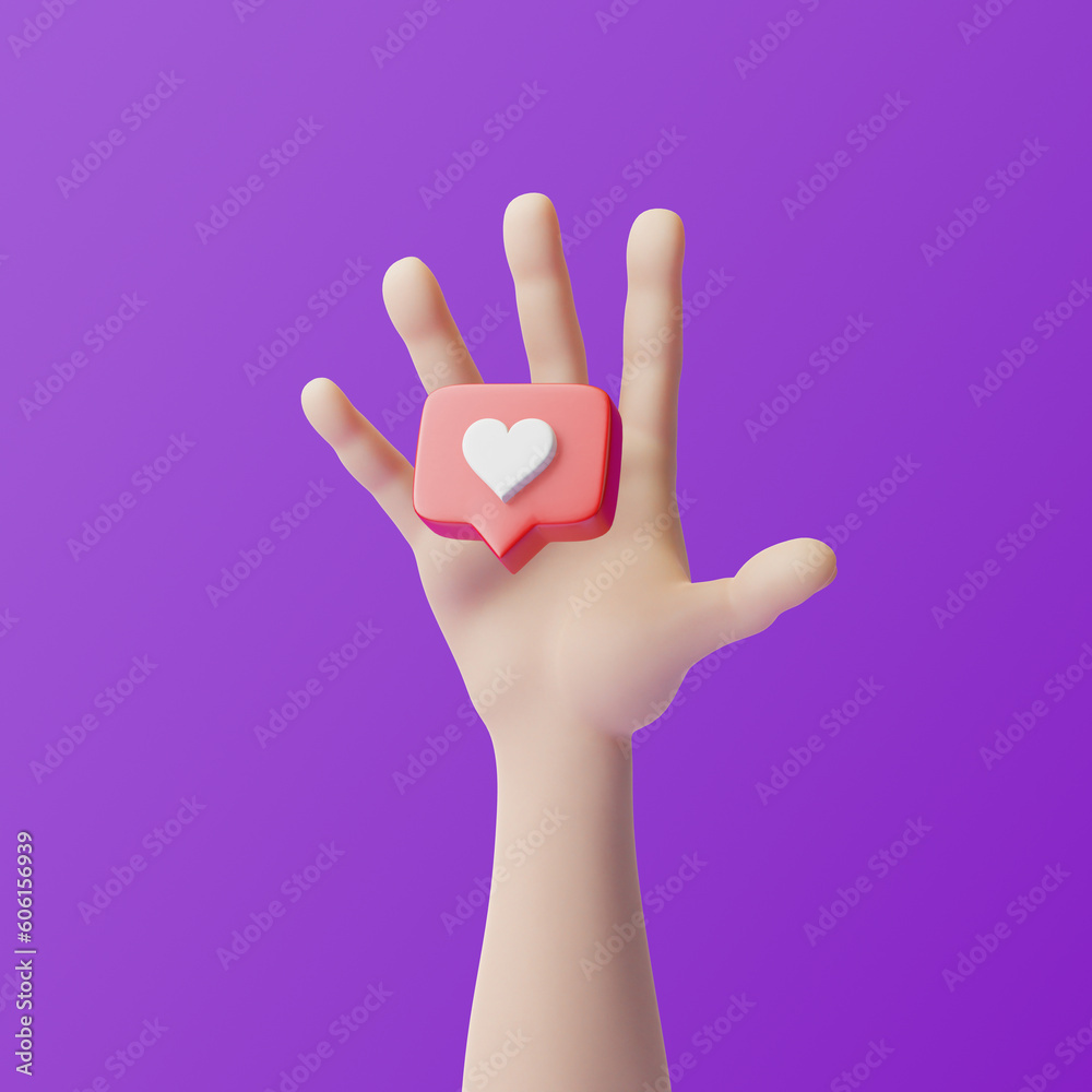 Obraz premium Cartoon hand with heart in speech bubble icon on a purple background. Love like heart social media notification icon. Emoji, chat and Social Network. 3d rendering, 3d illustration