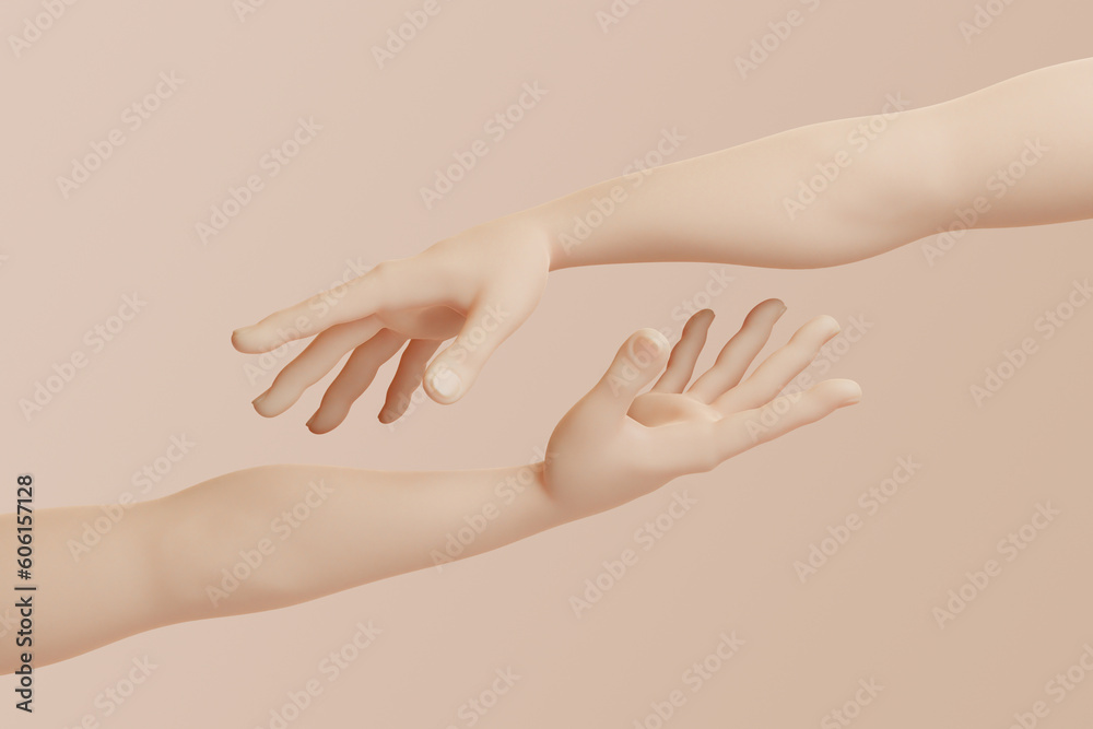 Cartoon hands reaching out to each other on a pastel beige background. 3d rendering illustration Cartoon hands reaching out to each other on a pastel beige background. 3d rendering illustration