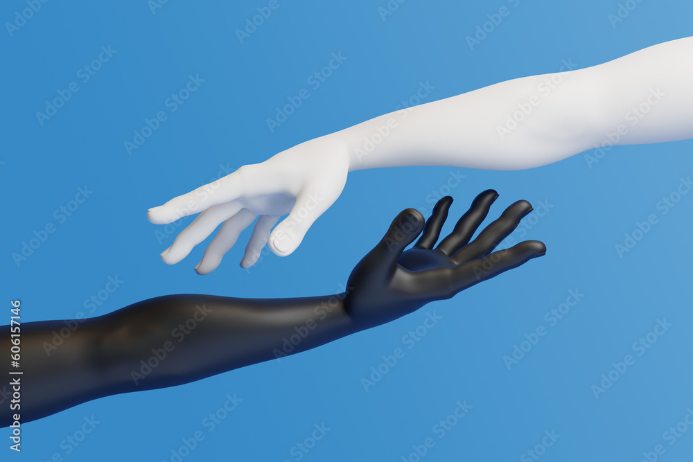 Cartoon hands reaching out to each other on a blue background. 3d rendering illustration