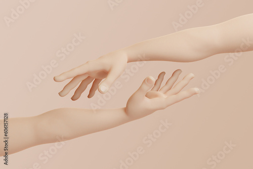 Cartoon hands reaching out to each other on a pastel beige background. 3d rendering illustration
