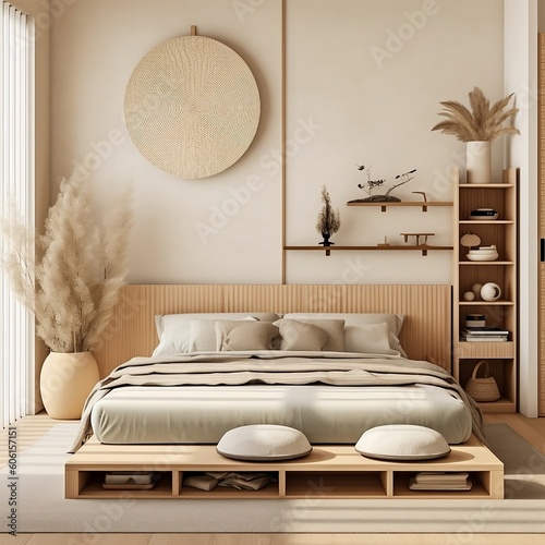 Interior of a bedroom. Serene_and_minimalist Japandi style bedroom. Generative AI photo