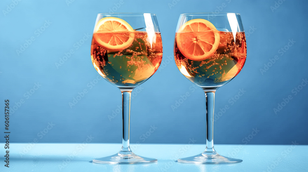 A cocktail with an orange garnish was placed on a blue background - generative ai. A cocktail with an orange garnish was placed on a blue background - generative ai.