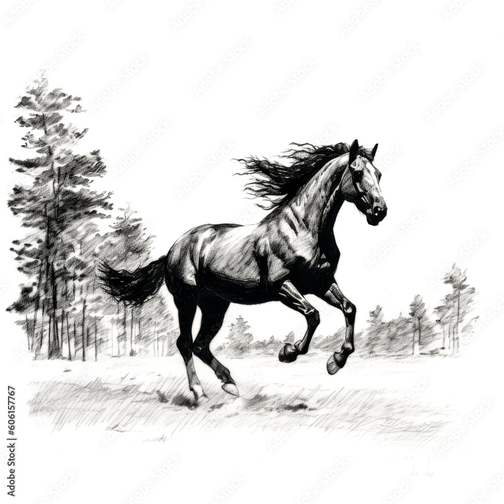 The black stallion horse was captured running in a sparse en and ink drawing.- generative ai The black stallion horse was captured running in a sparse en and ink drawing.- generative ai