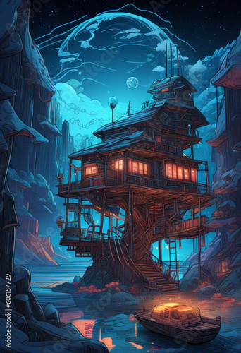 A cyberpunk-style treehouse filled with neon lights on a partly cloudy night.